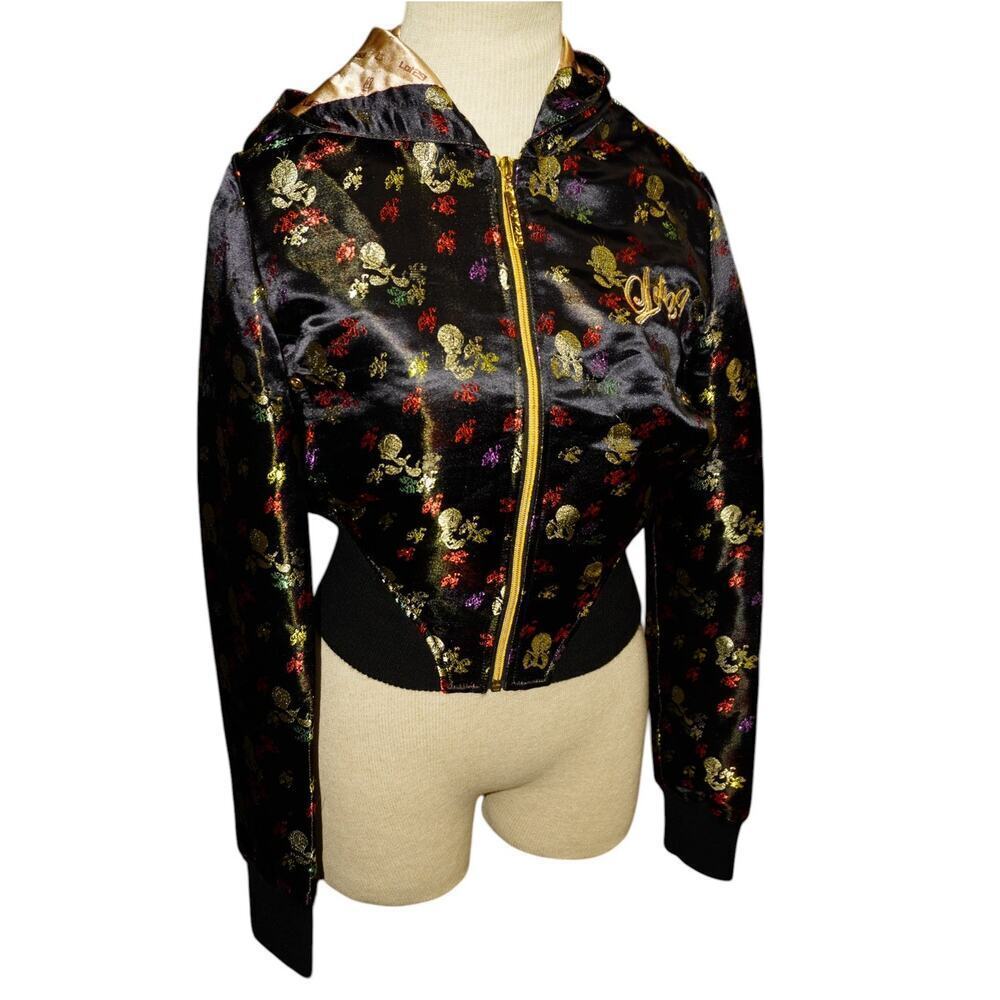 Lot29 Y2K Black Satin Skull Print Cropped Zip Hoodie Jacket Gold Logo Women’s M